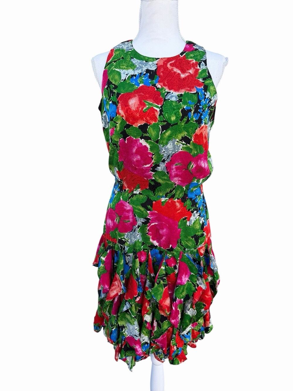 Vintage 80s St. Gillian Silk Bold Floral Drop Waist Dress Size 10 Ruffle Skirt